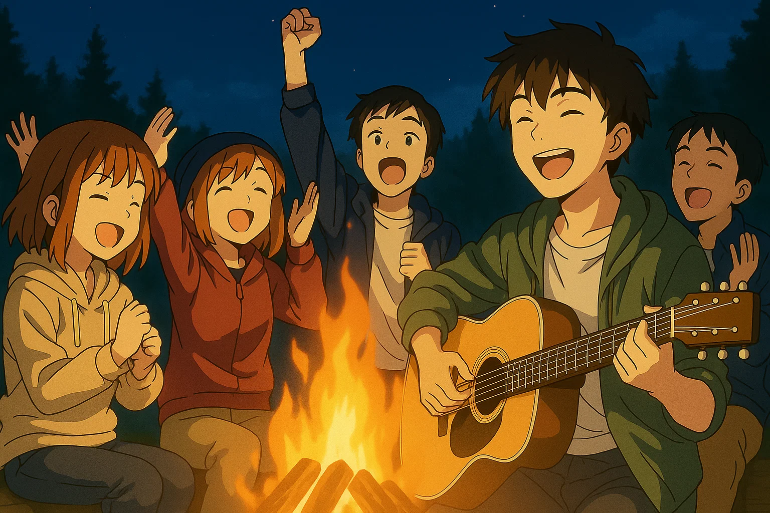 キャンプファイアーでアコースティックギターを弾く仲間たち